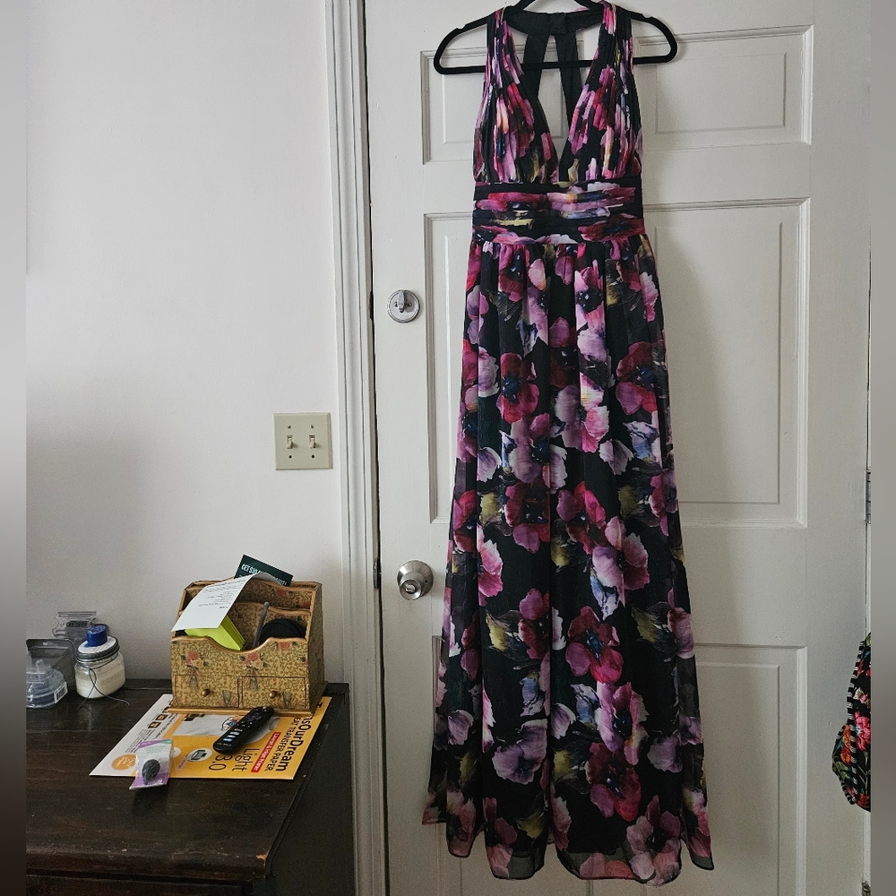 Aidan Mattox Floral Sheer Cottagecore Maxi Dress 10 Open Back Fairy Colorful - Picture 9 of 9
